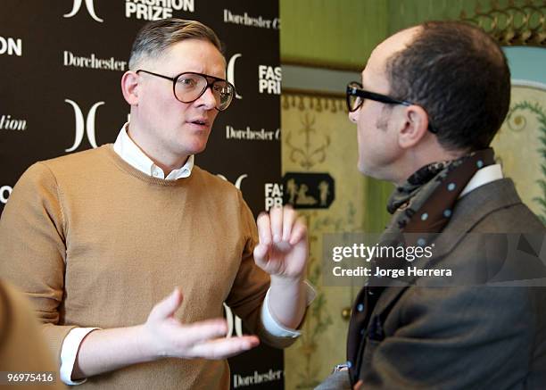 Giles Deacon and Gianluca Longo during the Dorchester Collection Fashion Prize Launch at the Dorchester Hotel on February 19, 2010 in London England.