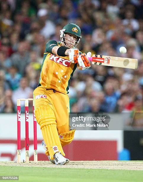 David Warner of Australia bats during the Twenty20 International match between Australia and the West Indies at Sydney Cricket Ground on February 23,...