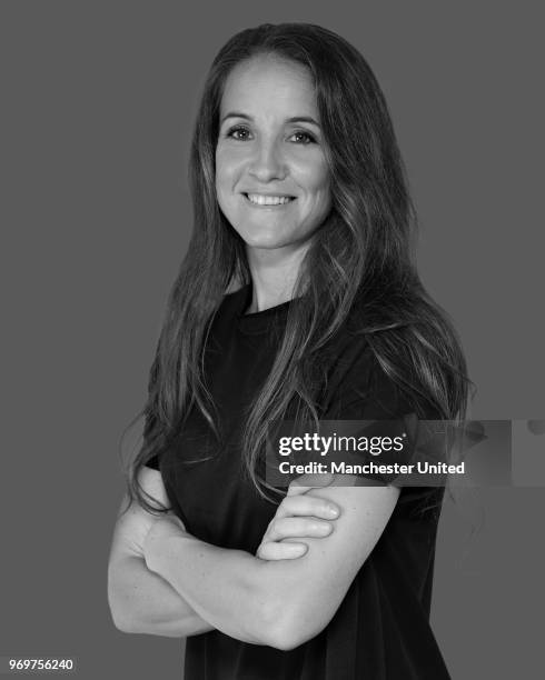 Casey Stoney MBE poses after being appointed Head Coach of the Manchester United Women's team at Aon Training Complex on June 8, 2018 in Manchester,...