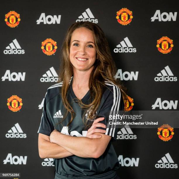 Casey Stoney MBE poses after being appointed Head Coach of the Manchester United Women's team at Aon Training Complex on June 8, 2018 in Manchester,...