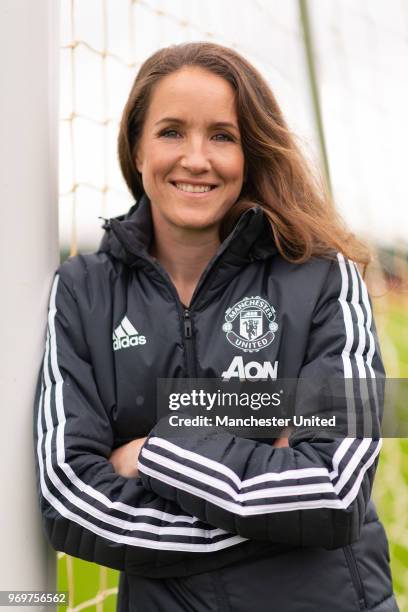 Casey Stoney MBE poses after being appointed Head Coach of the Manchester United Women's team at Aon Training Complex on June 8, 2018 in Manchester,...