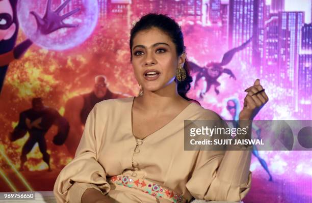 Indian Bollywood actress Kajol Devgn speaks during the trailer launch of Disney's action adventure animation Hindi version film 'Incredible 2', in...