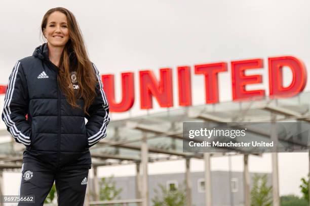 Casey Stoney MBE poses after being appointed Head Coach of the Manchester United Women's team at Aon Training Complex on June 8, 2018 in Manchester,...