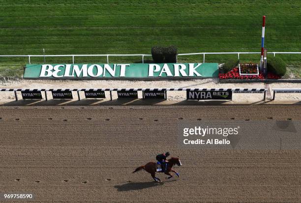 Triple Crown and Belmont Stakes contender Justify trains with Humberto Gomez up prior to the 150th running of the Belmont Stakes at Belmont Park on...