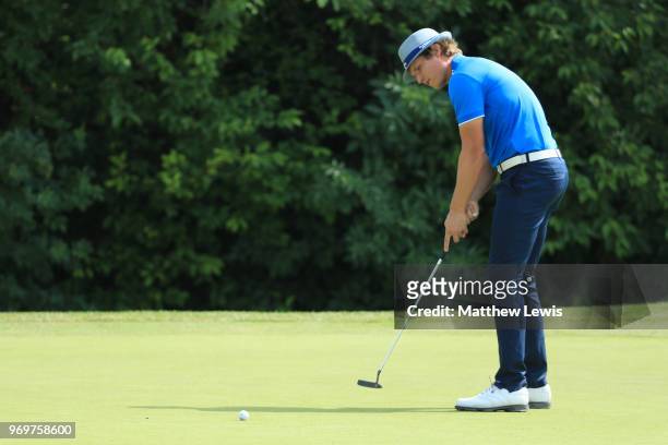 Tapio Pulkkanen of Finland makes a putt on 15th green during day two of The 2018 Shot Clock Masters at Diamond Country Club on June 8, 2018 in...