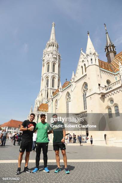 Dimitri Petratos, Daniel Arzani and Andrew Nabbout of Australia are seen as they take a walk on the streets of Budapest on June 8, 2018 in Budapest,...