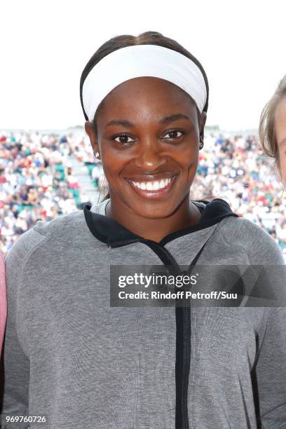 Tennis player Sloane Stephens poses at France Television french chanel studio during the 2018 French Open - Day Thirteen at Roland Garros on June 8,...
