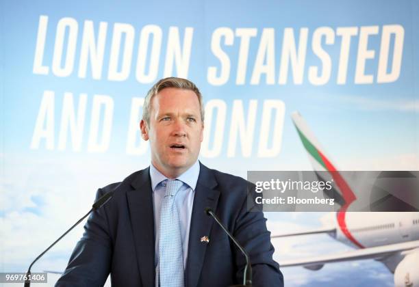 Ken O'Toole, chief executive officer of London Stansted Airport, speaks at a news conference announcing the arrival of a Boeing Co. 777-300ER...