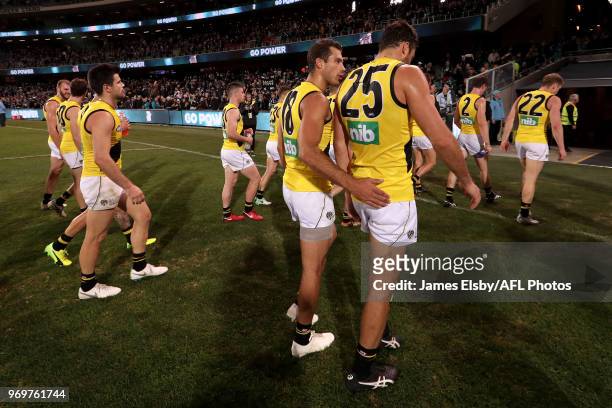 Alex Rance and Toby Nankervis of the Tigers after their loss during the 2018 AFL round 12 match between the Port Adelaide Power and the Richmond...