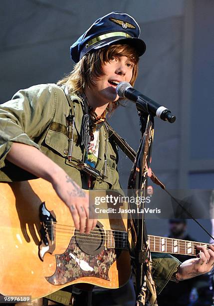 Christofer Ingle of Never Shout Never performs at the "Alice In Wonderland" Great Big Ultimate Fan Event at Hollywood & Highland Courtyard on...