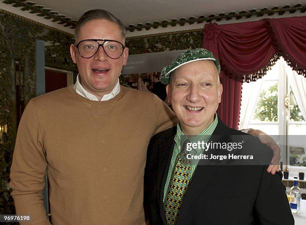 Giles Deacon and Stephen Jones during the Dorchester Collection Fashion Prize Launch at the Dorchester Hotel on February 19, 2010 in London England.