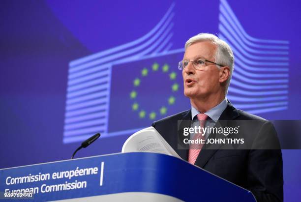 European Union Chief Negotiator in charge of Brexit negotiations Michel Barnier speaks during a press conference following this week's round of...