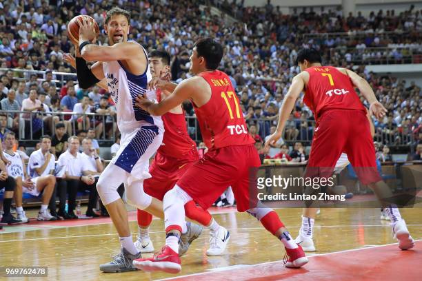 David Andersen of Australian Looks to pass against Wang Zhelin of China during the 2018 Sino-Australian Men's Internationl Basketball Challenge match...