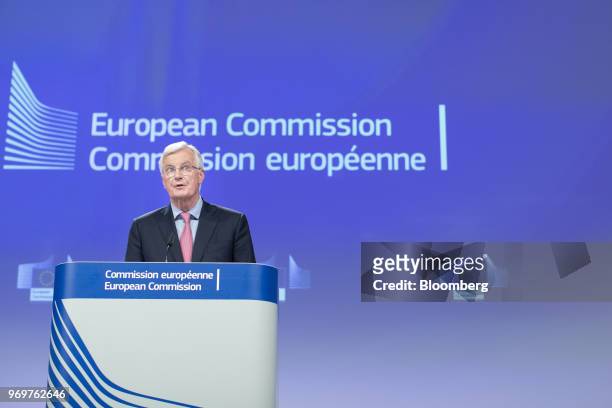 Michel Barnier, chief negotiator for the European Union , speaks during a news conference in Brussels, Belgium, on Friday, June 8, 2018. Barnier...