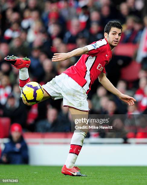 Cesc Fabregas of Arsenal tries a back heel during the Barclays Premier League match between Arsenal and Sunderland at Emirates Stadium on February...