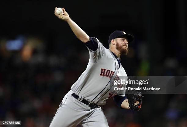 Chris Devenski of the Houston Astros at Globe Life Park in Arlington on June 7, 2018 in Arlington, Texas.