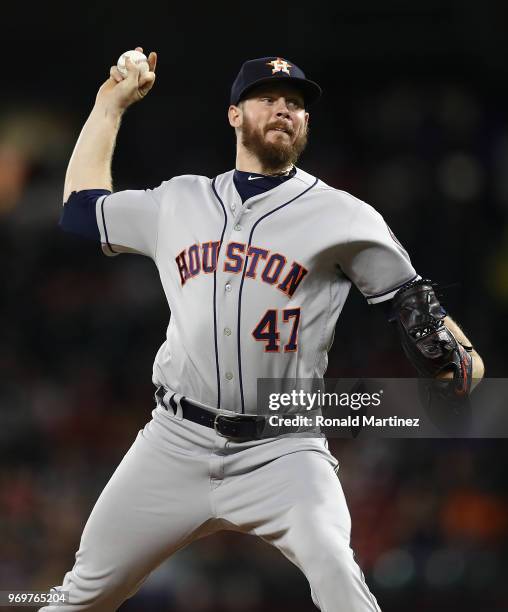 Chris Devenski of the Houston Astros at Globe Life Park in Arlington on June 7, 2018 in Arlington, Texas.