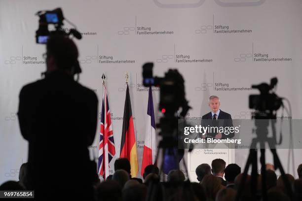 Bruno Le Maire, France's finance minister, speaks at the German Foundation of Family Businesses conference in Berlin, Germany, on Friday, June 8,...