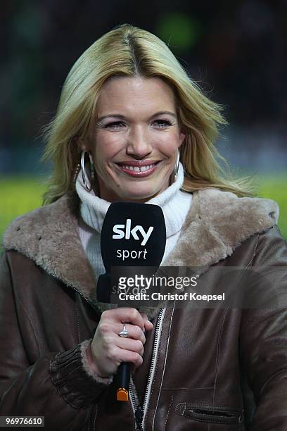 Sport reporter Jessica Kastrop of sky television channel is seen before the Second Bundesliga match between 1.FC Kaiserslautern and FC St. Pauli at...