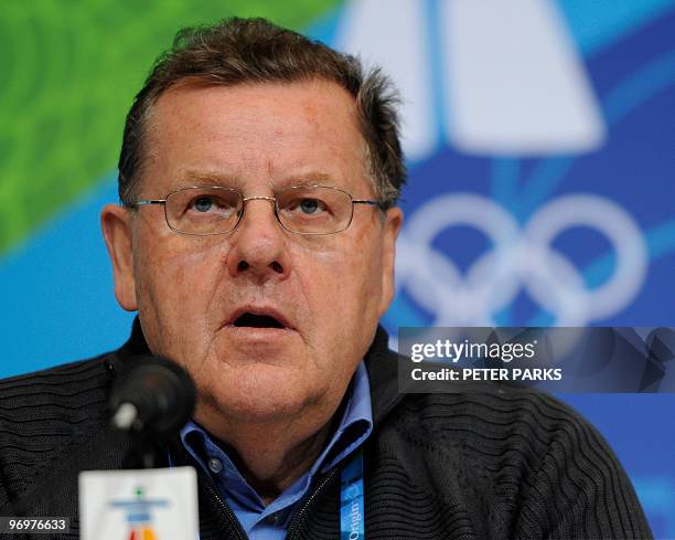 International Luge Federation president Josef Fendt faces the media at a press conference in Whistler during the Vancouver Winter Olympics on...