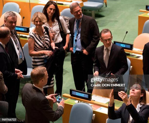 German Foreign Minister Heiko Maas and the delegation from Germany arrive for a General Assembly meeting to elect the five non-permanent members of...