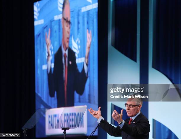 Administrator Scott Pruitt speaks at the Faith and Freedom Coalition Road to Majority Policy Conference, at the Omni Shoreham Hotel, on June 8, 2018...