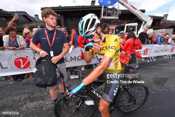 Arrival / Gianni Moscon of Italy and Team Sky Yellow Leader Jersey /Disappointment / Soigneur / during the 70th Criterium du Dauphine 2018, Stage 5 a...