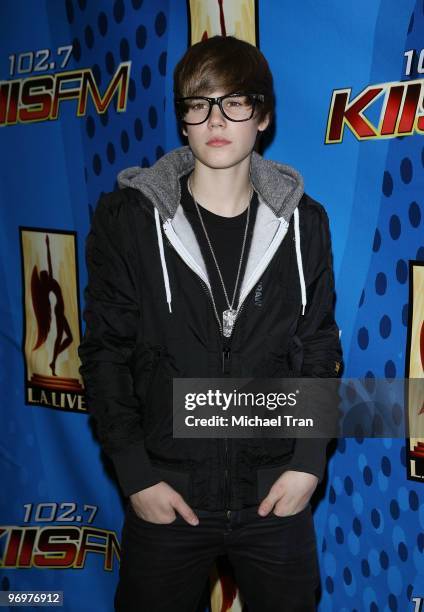 Musician Justin Bieber poses backstage at Nokia Plaza L.A. LIVE on February 13, 2010 in Los Angeles, California.