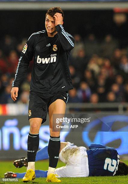 Real Madrid's Portuguese forward Cristiano Ronaldo gestures during a Spanish league football match against Xerez at Chapin stadium in Jerez, on...