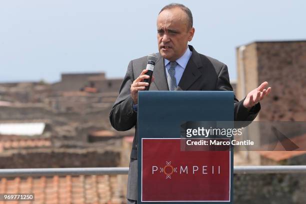 The Italian Minister of Cultural Heritage, Alberto Bonisoli, during press conference, in one of the new excavations that are part of the Regio V site...