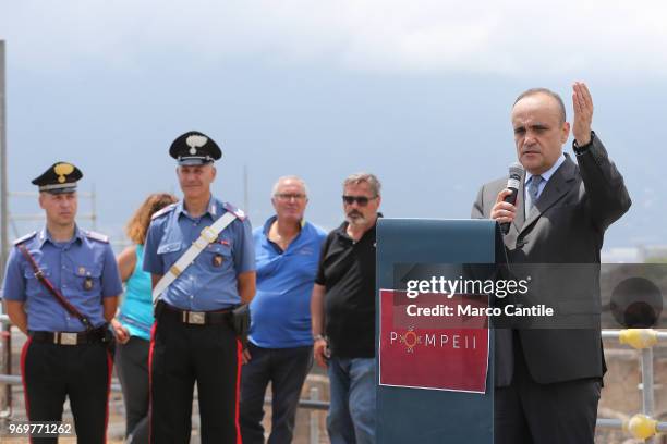 The Italian Minister of Cultural Heritage, Alberto Bonisoli, during press conference, in one of the new excavations that are part of the Regio V site...