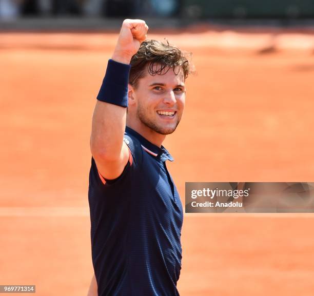 Dominic Thiem of Austria celebrates his victory against Marco Cecchinato of Italy during their semifinal match at the French Open tennis tournament...