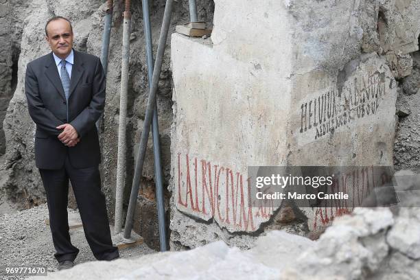 The Italian Minister of Cultural Heritage, Alberto Bonisoli near the new inscription discovered, in one of the new excavations that are part of the...