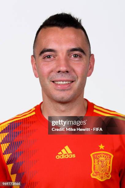 Iago Aspas of Spain poses for a portrait during the official FIFA World Cup 2018 portrait session at FC Krasnodar Academy on June 8, 2018 in...