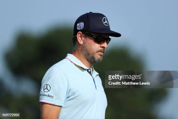 Mikko Korhonen of Finland walks off 18th green during day two of The 2018 Shot Clock Masters at Diamond Country Club on June 8, 2018 in Atzenbrugg,...