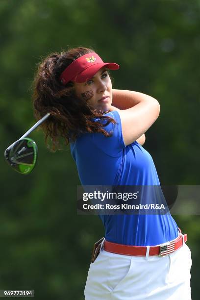 Sophia Schubert of the United States plays her shot from the sixth tee during four-ball matches on day one of the 2018 Curtis Cup at Quaker Ridge...