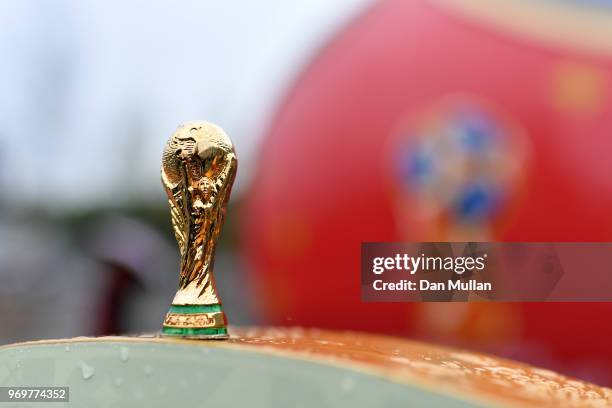 In this photo illustration a replica of the FIFA World Cup Trophy is seen ahead of the 2018 FIFA World Cup on June 8, 2018 in Moscow, Russia.