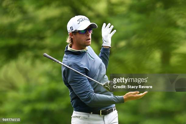 Bo Andrews hits his tee shot on the third hole during the second round of the Rust-Oleum Championship at the Ivanhoe Club on June 8, 2018 in Ivanhoe,...