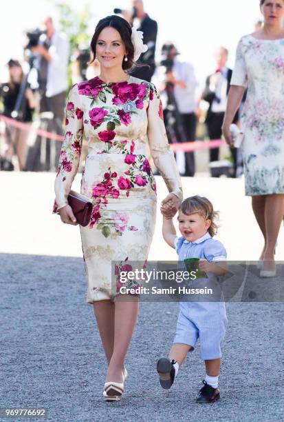 Princess Sofia of Sweden and Prince Alexander of Sweden attend the christening of Princess Adrienne of Sweden at Drottningholm Palace Chapel on June...