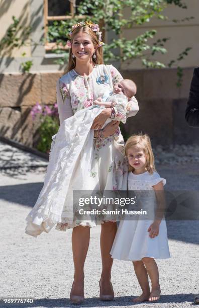 Princess Madeleine of Sweden, Princess Adrienne of Sweden and Princess Leonore of Sweden attend the christening of Princess Adrienne of Sweden at...