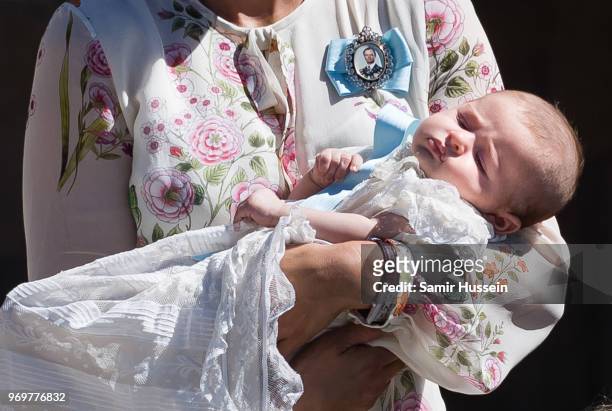 Princess Adrienne of Sweden attends the christening of Princess Adrienne of Sweden at Drottningholm Palace Chapel on June 8, 2018 in Stockholm,...