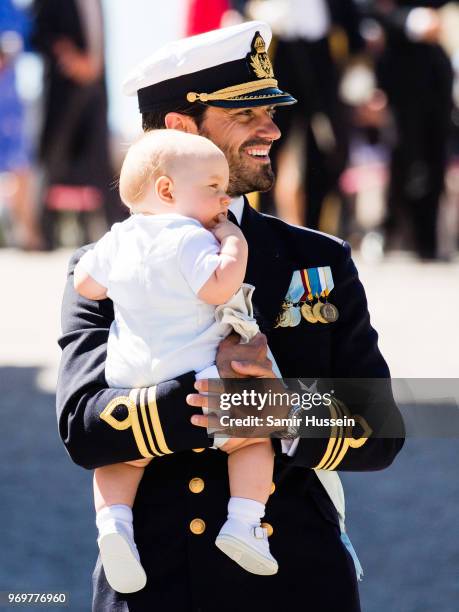 Prince Carl Phillip of Sweden and Prince Gabriel of Sweden attend the christening of Princess Adrienne of Sweden at Drottningholm Palace Chapel on...