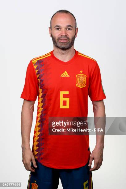 Andres Iniesta of Spain poses for a portrait during the official FIFA World Cup 2018 portrait session at FC Krasnodar Academy on June 8, 2018 in...