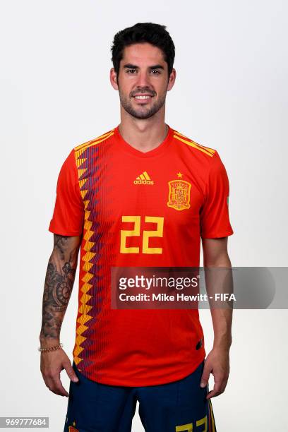 Isco of Spain poses for a portrait during the official FIFA World Cup 2018 portrait session at FC Krasnodar Academy on June 8, 2018 in Krasnodar,...