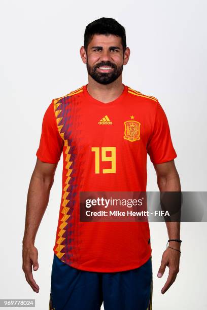 Diego Costa of Spain poses for a portrait during the official FIFA World Cup 2018 portrait session at FC Krasnodar Academy on June 8, 2018 in...
