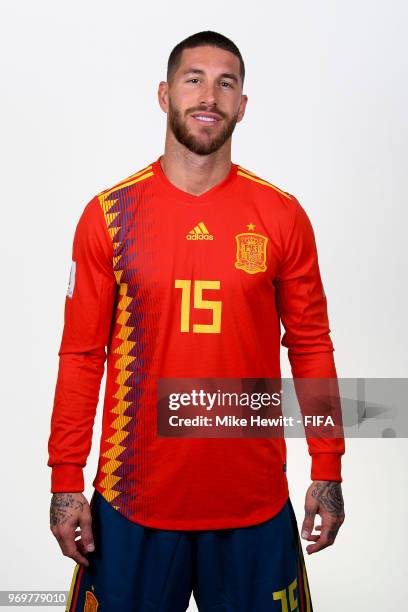 Captain Sergio Ramos of Spain poses for a portrait during the official FIFA World Cup 2018 portrait session at FC Krasnodar Academy on June 8, 2018...