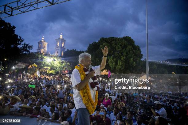 Andres Manuel Lopez Obrador, presidential candidate of the National Regeneration Movement Party , speaks during a campaign rally in Chilpancingo,...