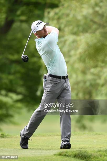 Anders Albertson hits his tee shot on the third hole during the second round of the Rust-Oleum Championship at the Ivanhoe Club on June 8, 2018 in...