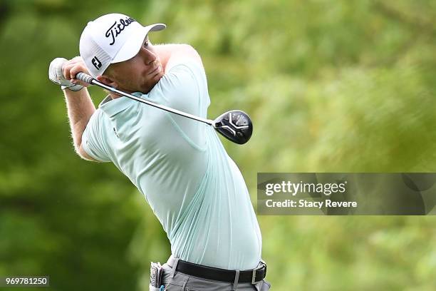 Anders Albertson hits his tee shot on the third hole during the second round of the Rust-Oleum Championship at the Ivanhoe Club on June 8, 2018 in...