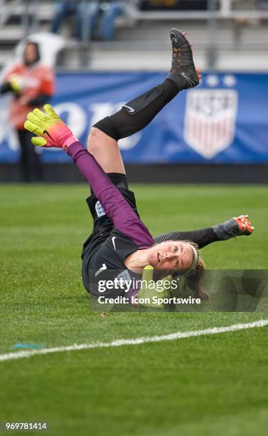 England goalkeeper Karen Bardsley dives to make a save during the SheBelieves Cup match between England and France on March 01, 2018 at Mapfre...